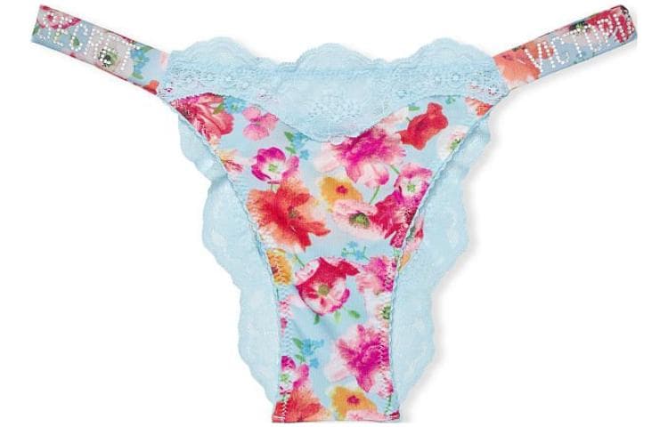 Victoria's Secret/维多利亚的秘密 Victoria's Secret Logo Rhinestone Belt Lace Satin High Waist Panties Blue Floral