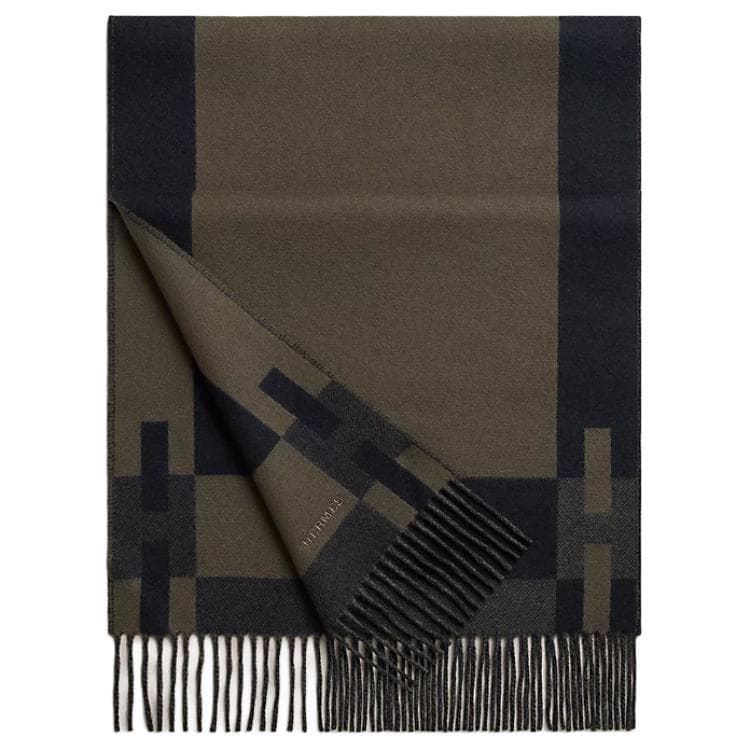 HERMES/爱马仕 Hermes Embroidered Logo Cashmere Scarf Green