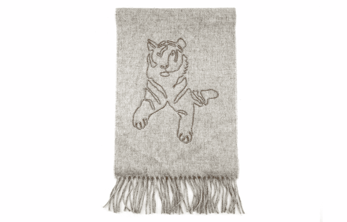 HERMES/爱马仕 Hermes Embroidered Tiger Scarf Gray