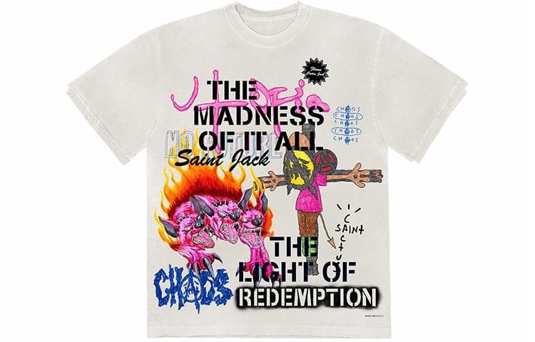 Travis Scott x SAINT Mxxxxxx Letter Doll Flame Hellhound Tee White