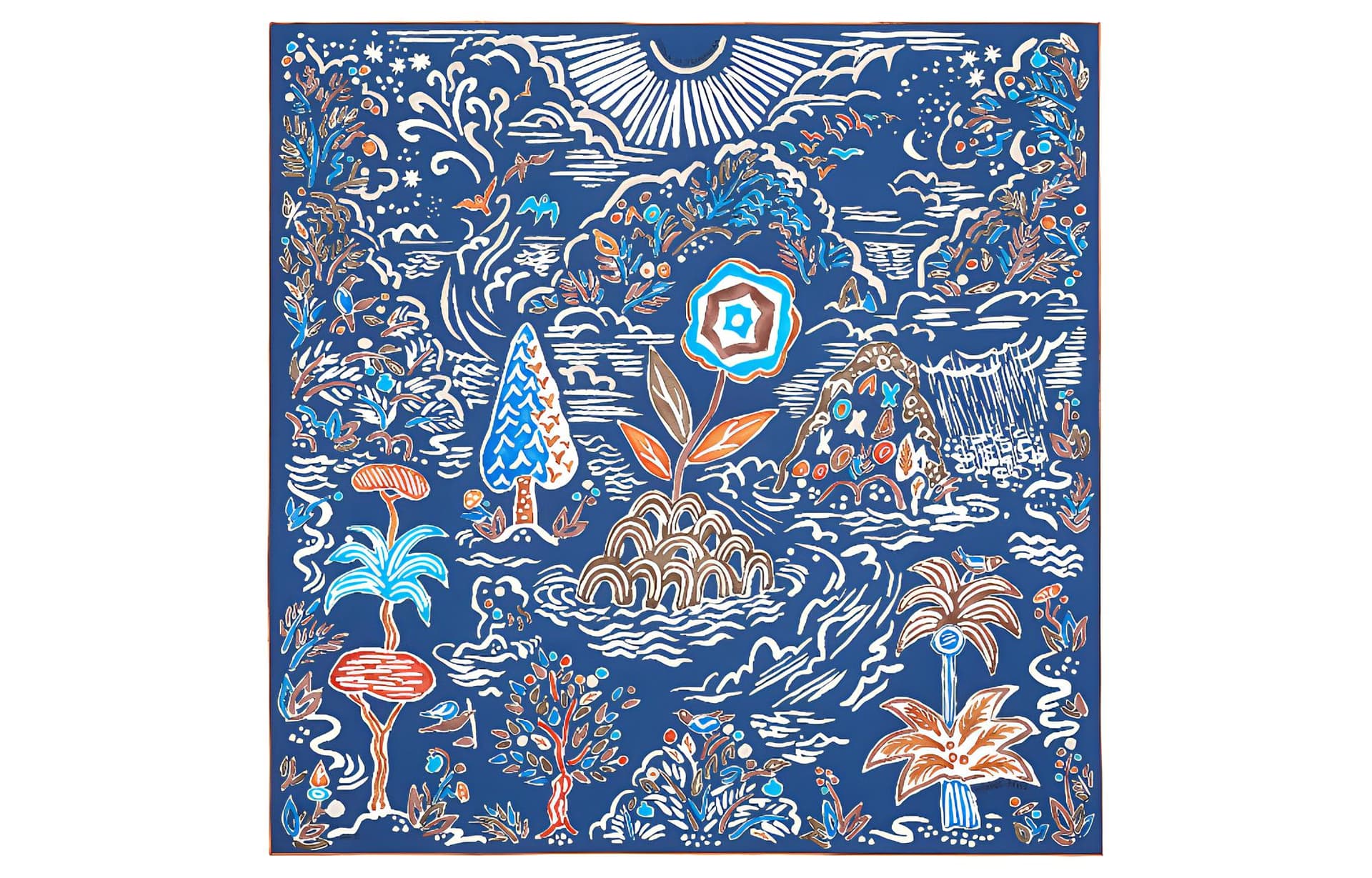 HERMES/爱马仕 Hermes "Spring Island" 90cm Scarf Navy/Brown/White