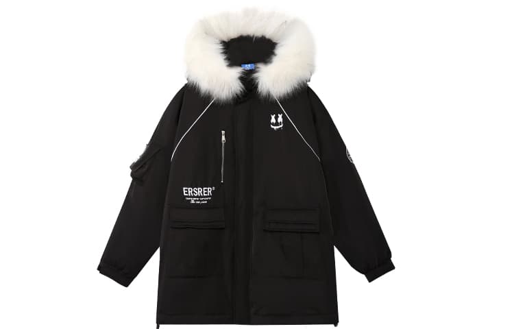 ER Letter Print Fleece Lined Mid-Length Hoodie Down Jacket