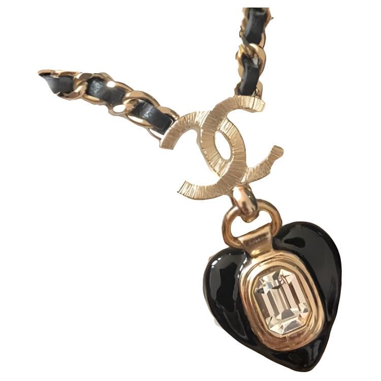 CHANEL Classic Double C Crystal Heart Necklace Black
