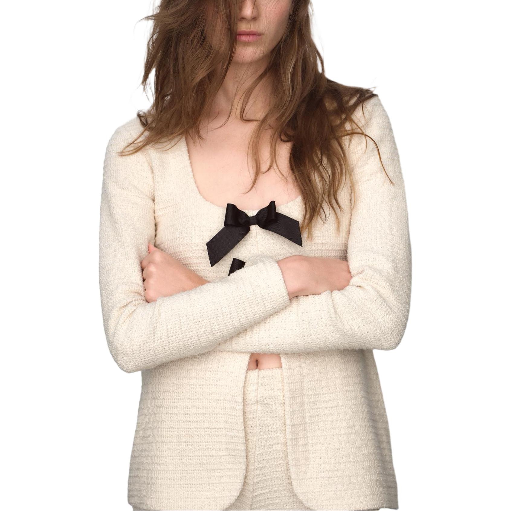 Zara Bow Detail Textured Hem Long Sleeve Tee Beige — фото 2