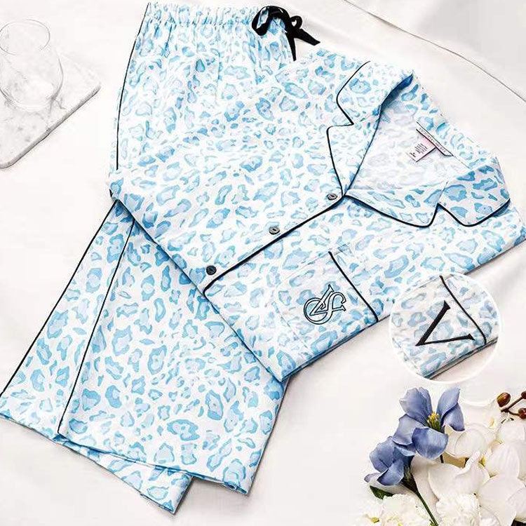 Victoria'S Secret Tencel Cotton Printed Pajama Set Blue Leopard — фото 1