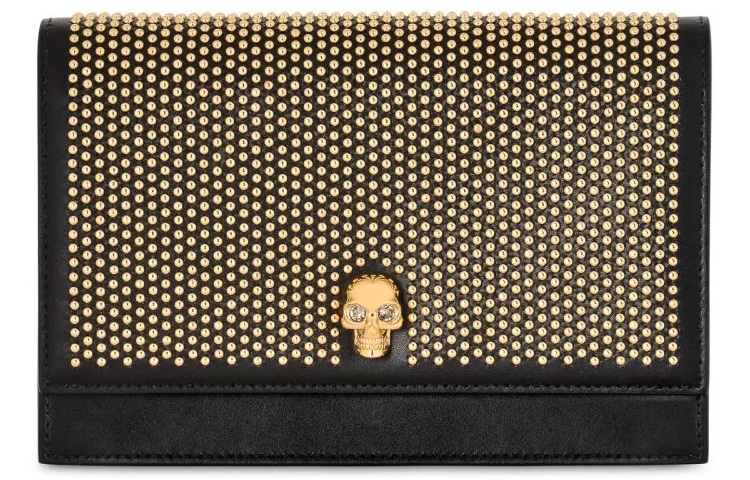 Alexander McQueen Gold Studded Skull Leather Shoulder Bag Black