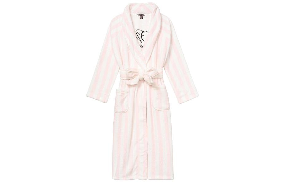 Victoria'S Secret Long Tie Robe Pink White Striped