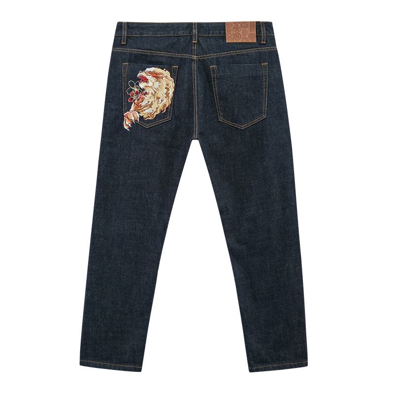 鬼洗 Oniarai Thief Blue Fire Lion Embroidered Straight Jeans — фото 1