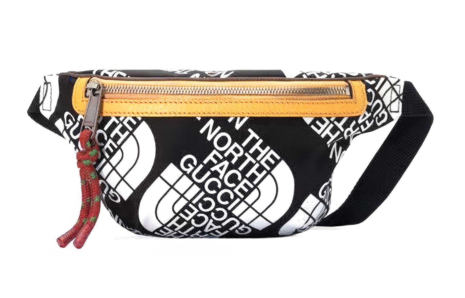 GUCCI/古驰 Gucci x The North Face Logo Print Nylon Leather Waist Bag Black Yellow