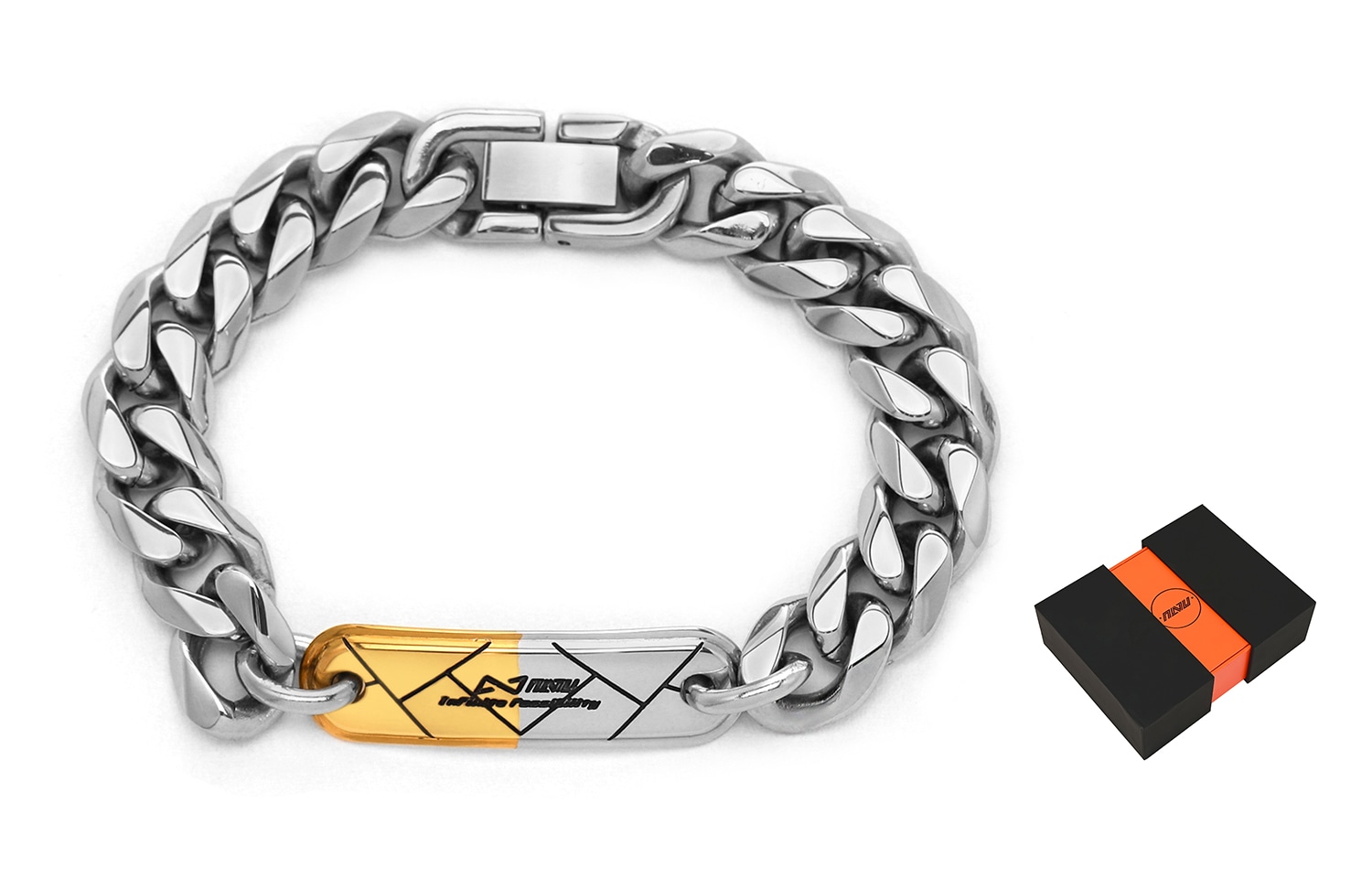 OMTO Two-Tone Plaque Cuban Bracelet Men Gold Silver