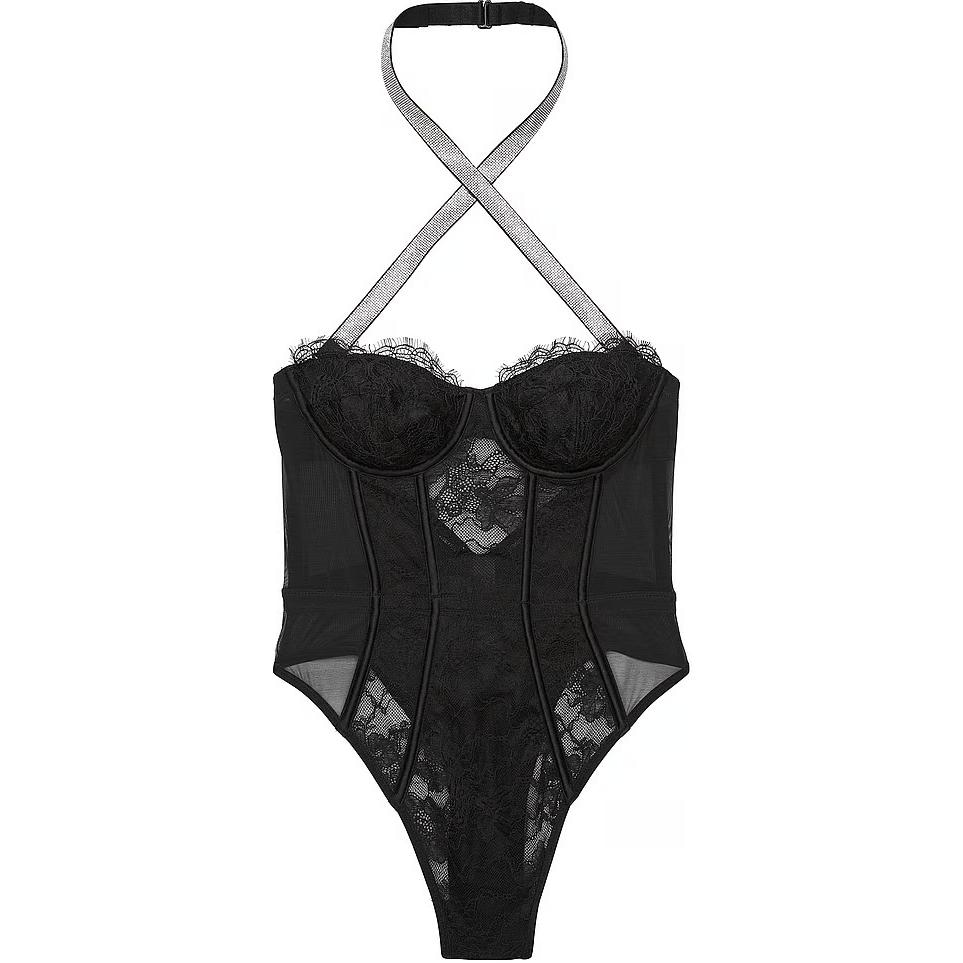 Victoria'S Secret PINK Very Sexy Shine Strap Halter Lace Teddy Black