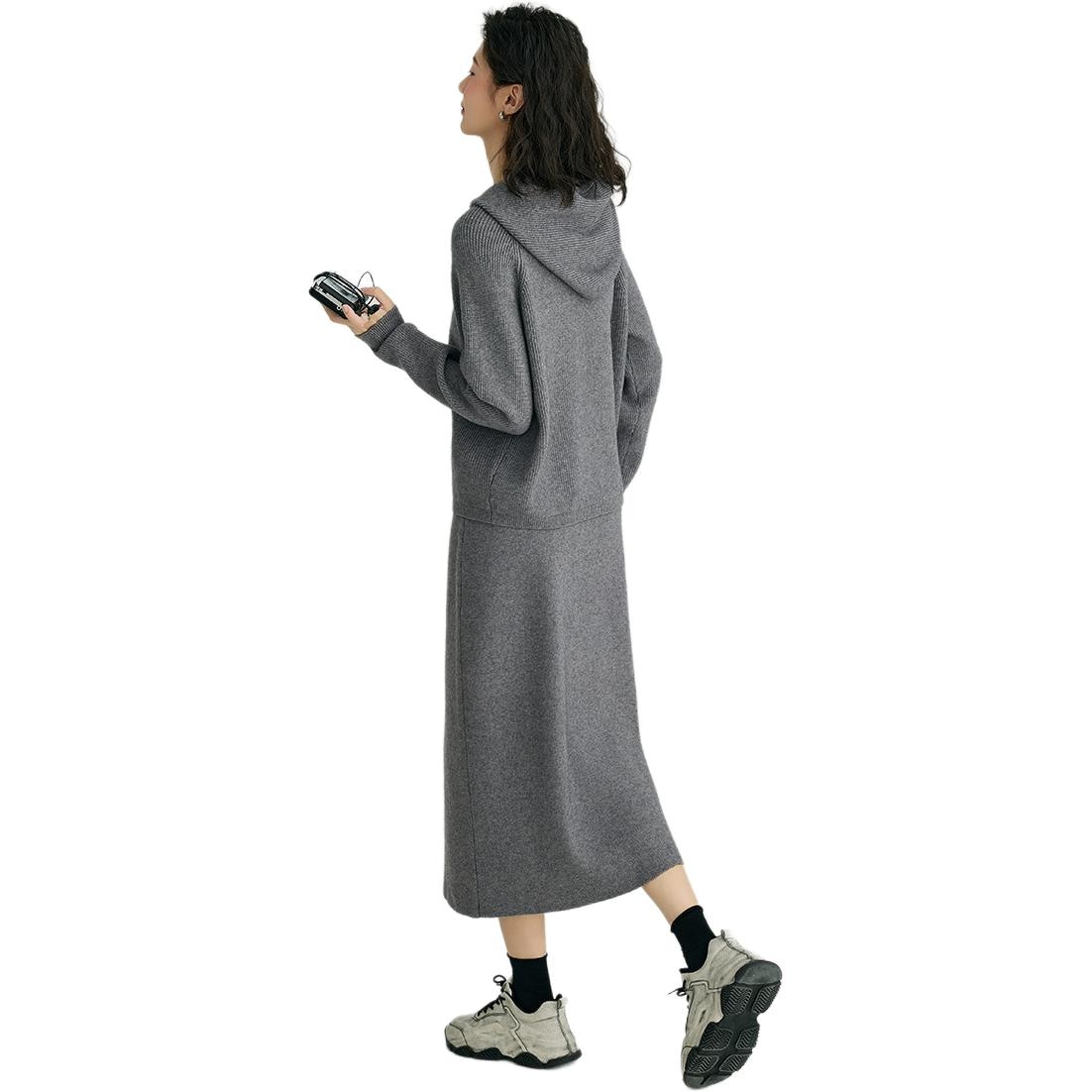 Dme 【dme】 连帽休闲长袖上衣针织衫纯色简约长裙裙装套装 女款 深灰色 — фото 2