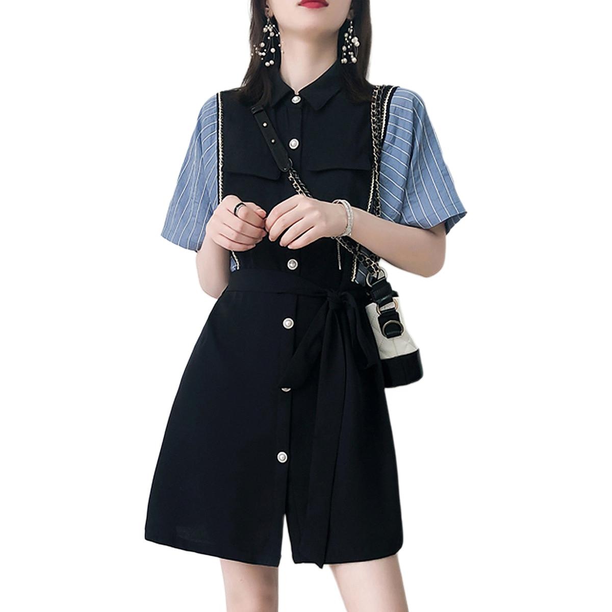 Dme 【dme】 法式条纹拼接撞色中长裙时尚减龄气质通勤短袖连衣裙 女款 藏青 — фото 2