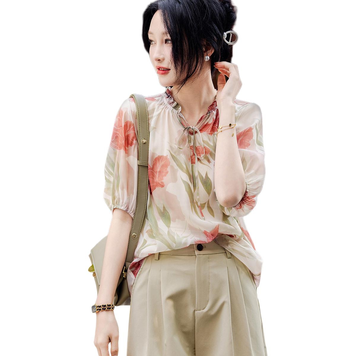 Dme 【dme】 圆领泡泡袖宽松飘逸雪纺印花短袖衬衫 女款 浅粉红 — фото 3