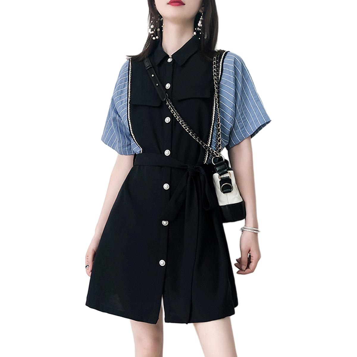 Dme 【dme】 法式条纹拼接撞色中长裙时尚减龄气质通勤短袖连衣裙 女款 藏青 — фото 3