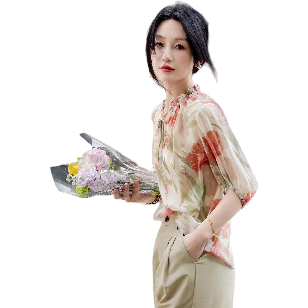 Dme 【dme】 圆领泡泡袖宽松飘逸雪纺印花短袖衬衫 女款 浅粉红 — фото 4