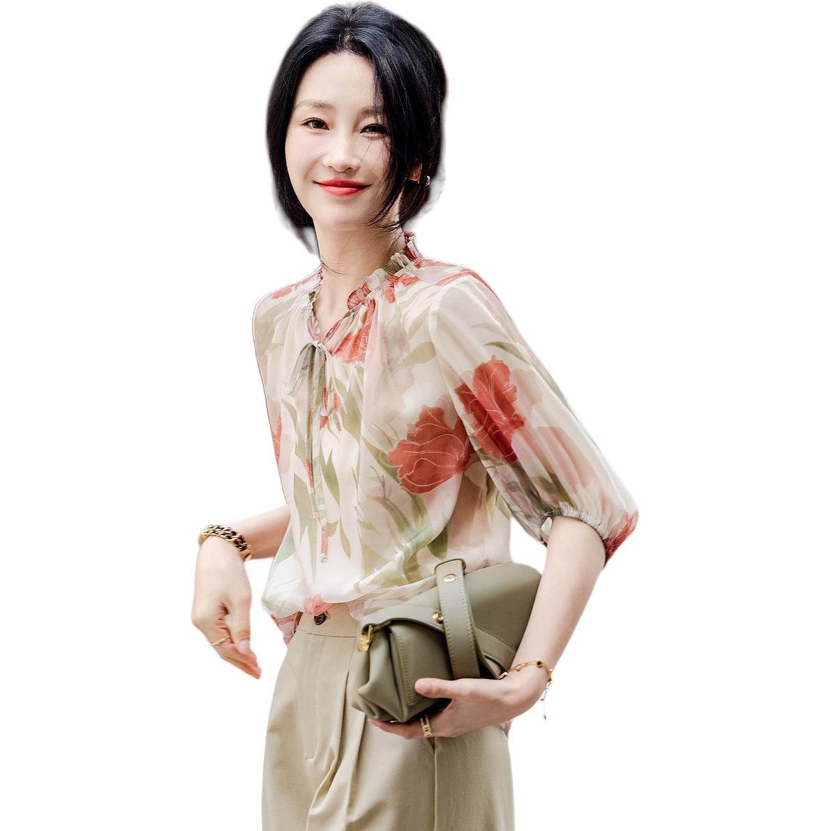 Dme 【dme】 圆领泡泡袖宽松飘逸雪纺印花短袖衬衫 女款 浅粉红 — фото 1