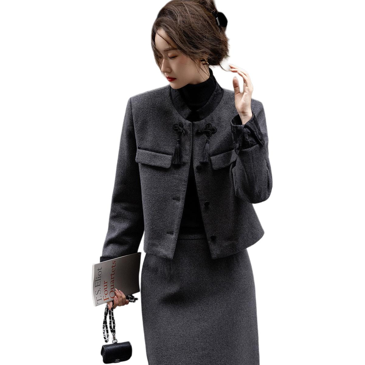 Dme 【dme】 纯色时尚半高领单排扣长袖大衣 女款 灰色 — фото 3