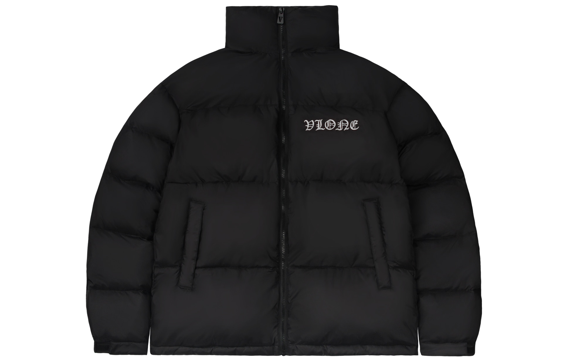 Vlone Slogan Logo Detachable Hood Puffer Jacket Black White — фото 3