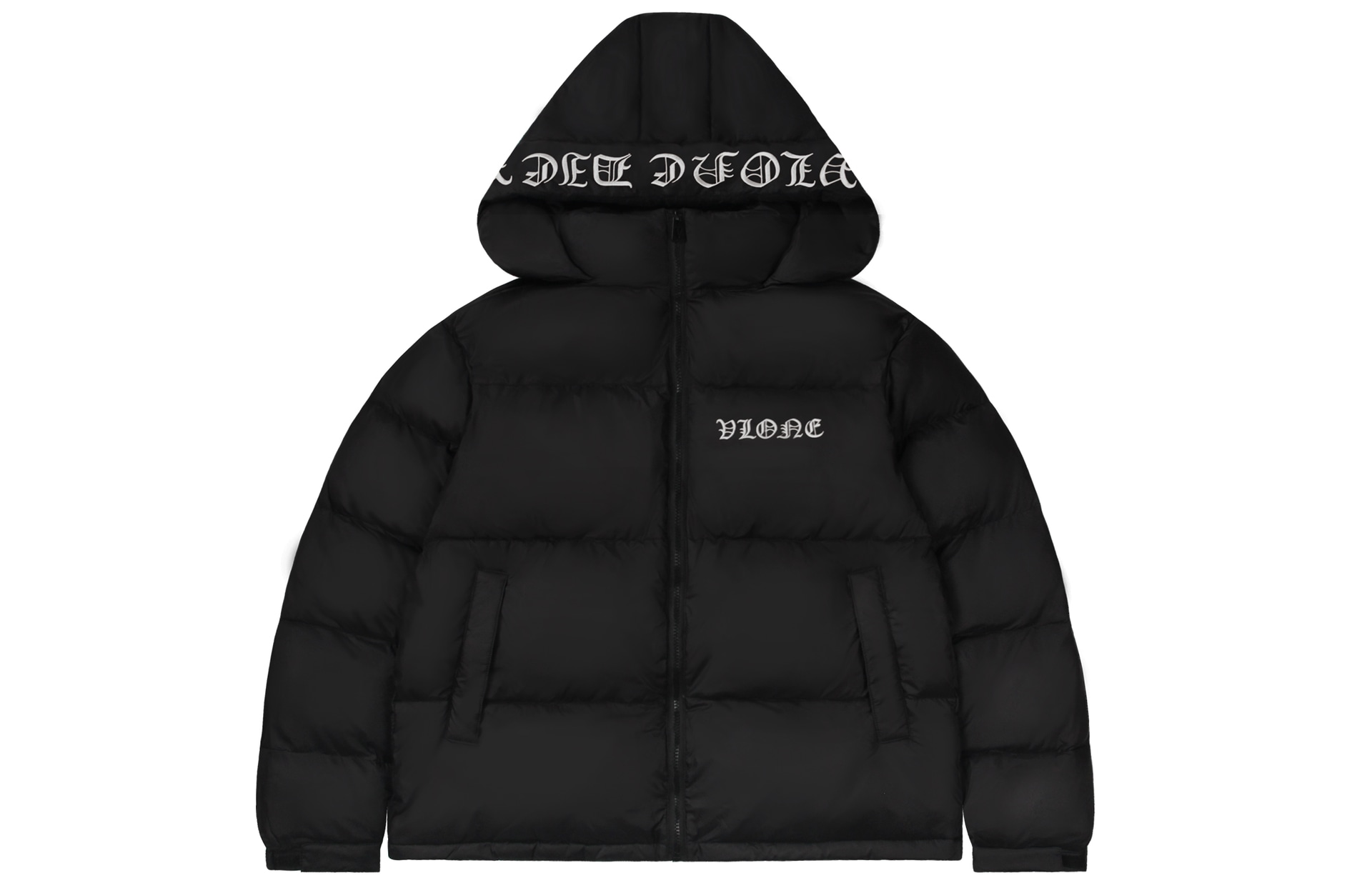 Vlone Slogan Logo Detachable Hood Puffer Jacket Black White — фото 2