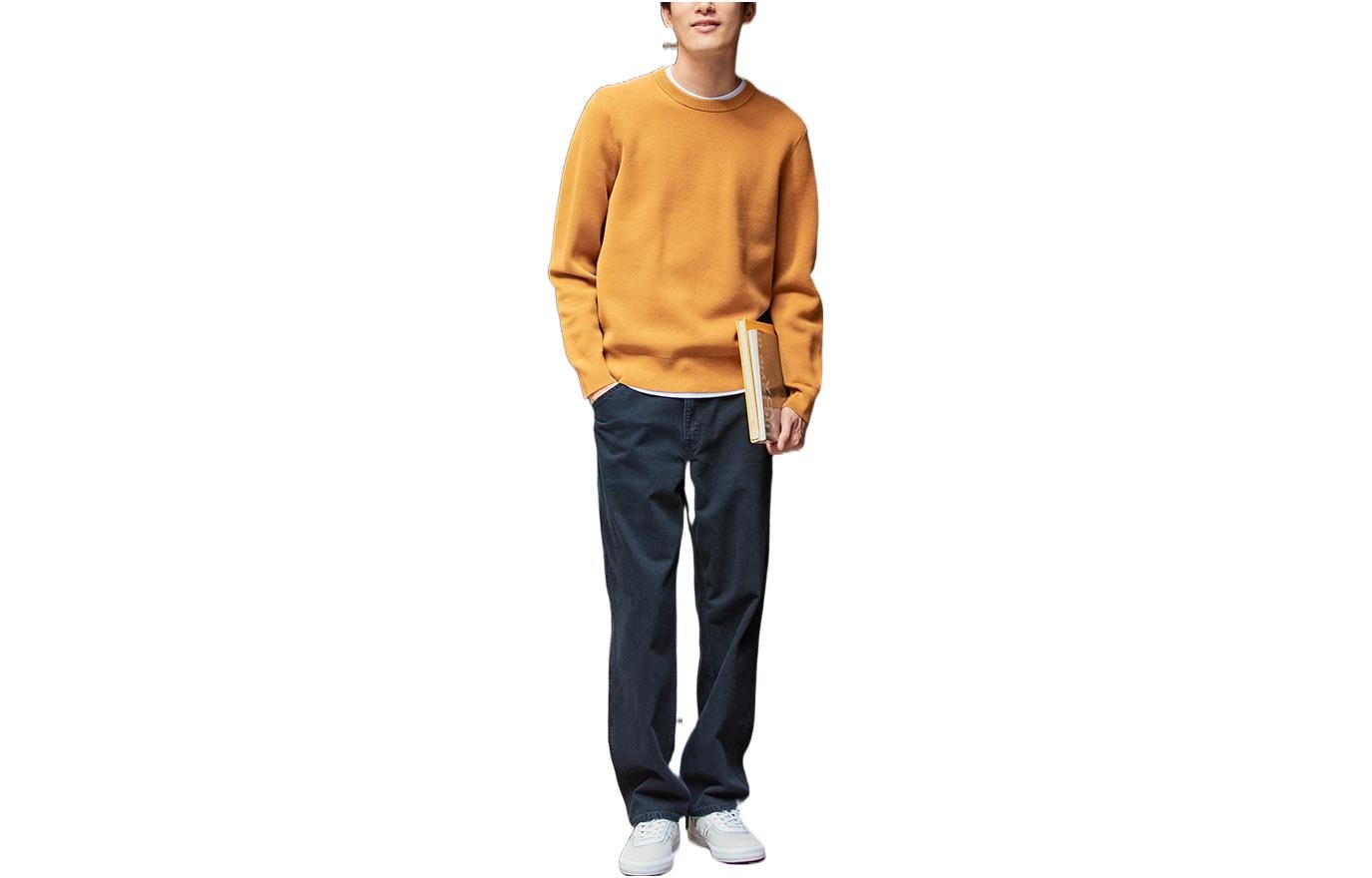 UNIQLO/优衣库 UNIQLO Stretch Ribbed Crew Neck Sweater Mustard