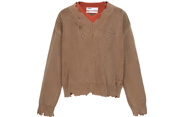 C2H4 V-Neck Distressed Sweater Dark Brown