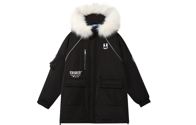 ER Letter Print Fleece Lined Mid-Length Hoodie Down Jacket