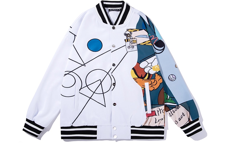 火猴/FireMonkey FireMonkey Geometric Cartoon Print Baseball Jacket White