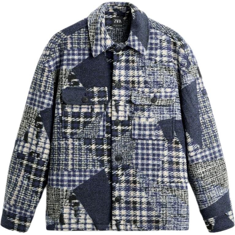 ZARA Flannel Patchwork Shirt Jacket Blue