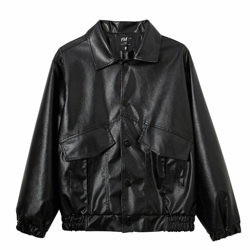 Pmet Classic Button Collar Leather Jacket Black