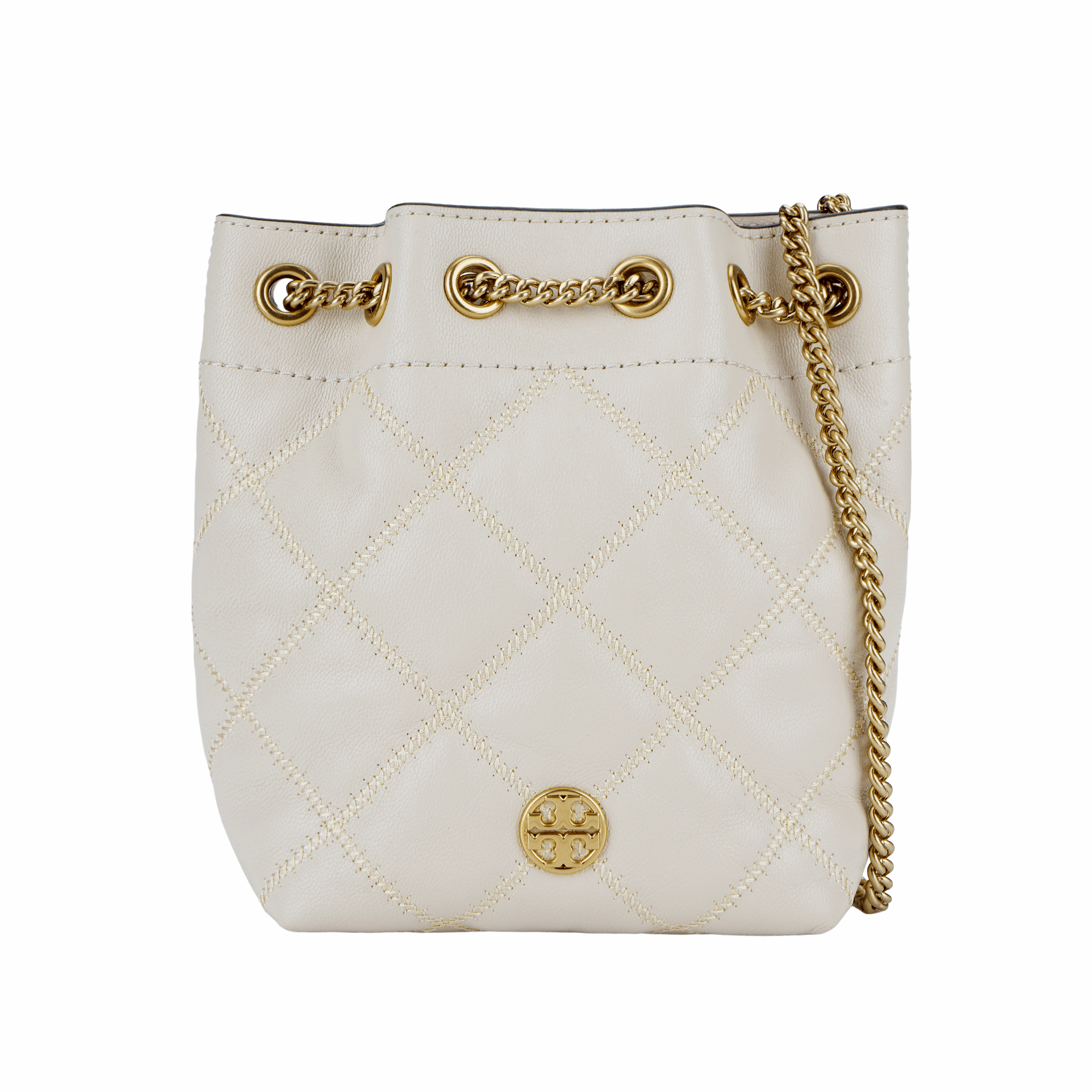 TORY BURCH/汤丽柏琦 Tory Burch Metal Logo Chain Strap Bucket Bag Beige