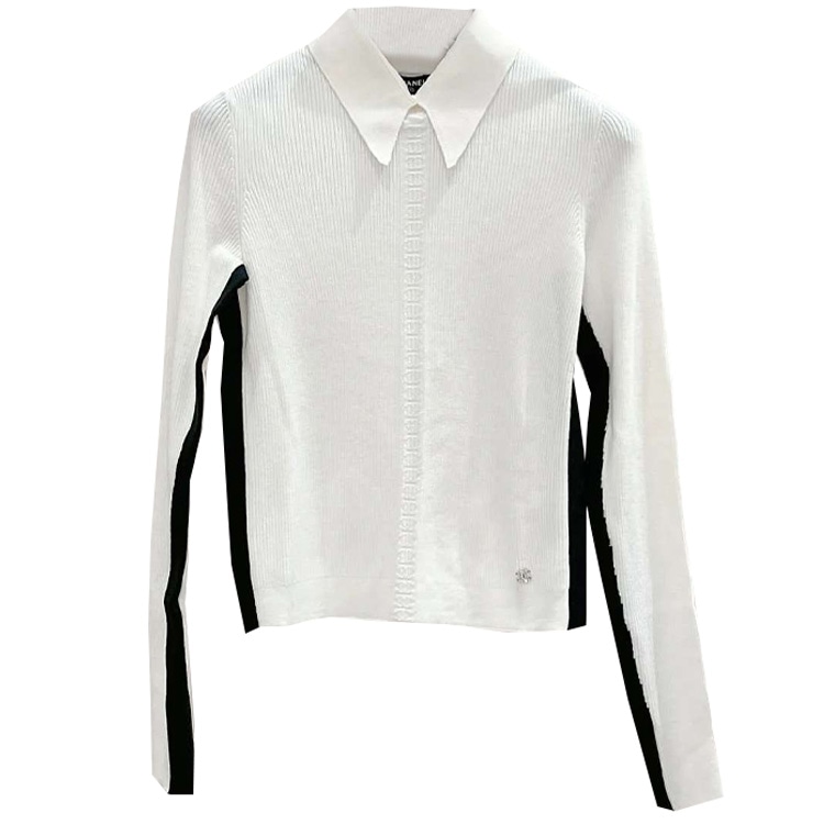 CHANEL Striped Logo Embossed Sweater