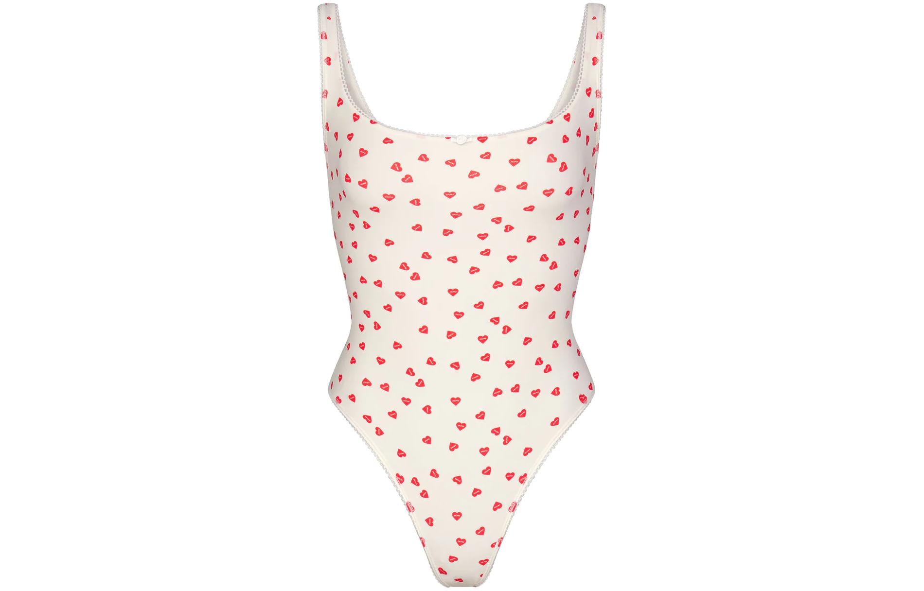 Skims Fits Everybody Picot Trim Bodysuit Ruby Heart Print