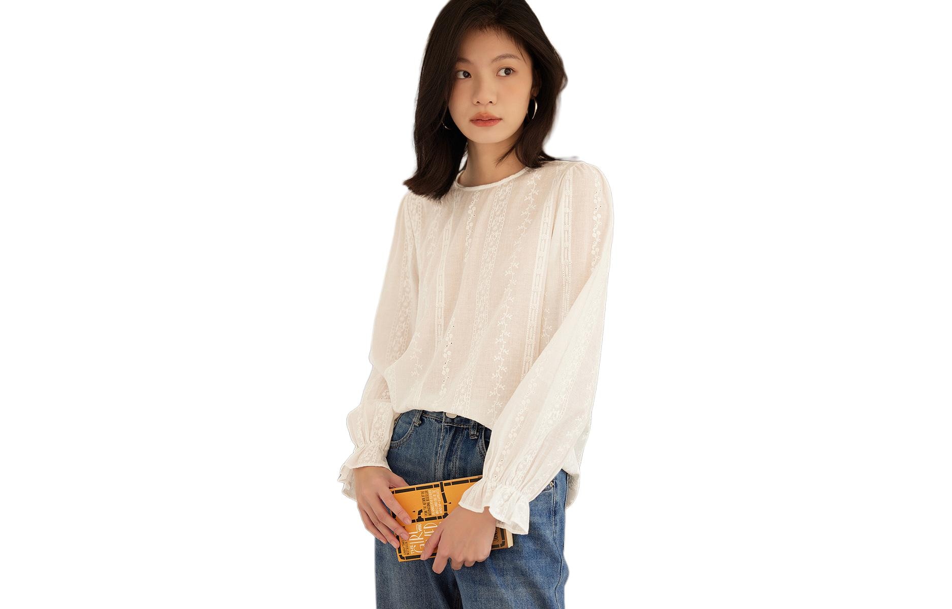 Dme 【dme】 蕾丝休闲圆领宽松套头长袖衬衫 女款 白色