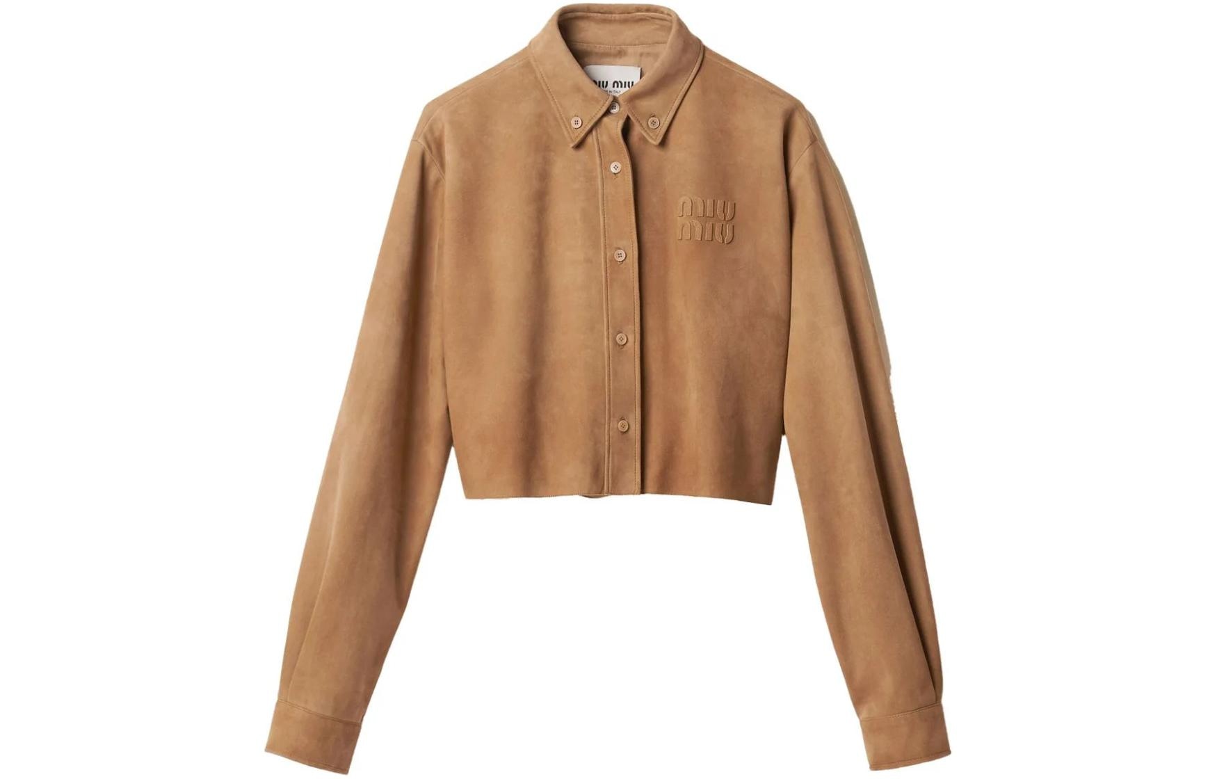 Miu Miu Letter Print Jacket Camel Brown