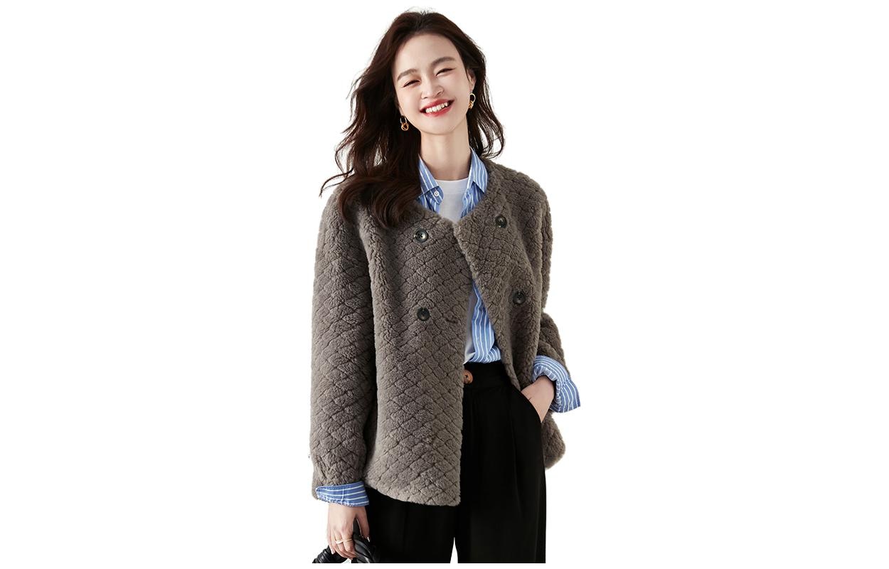 【dme】 纯色圆领纽扣毛毛棉服 女款