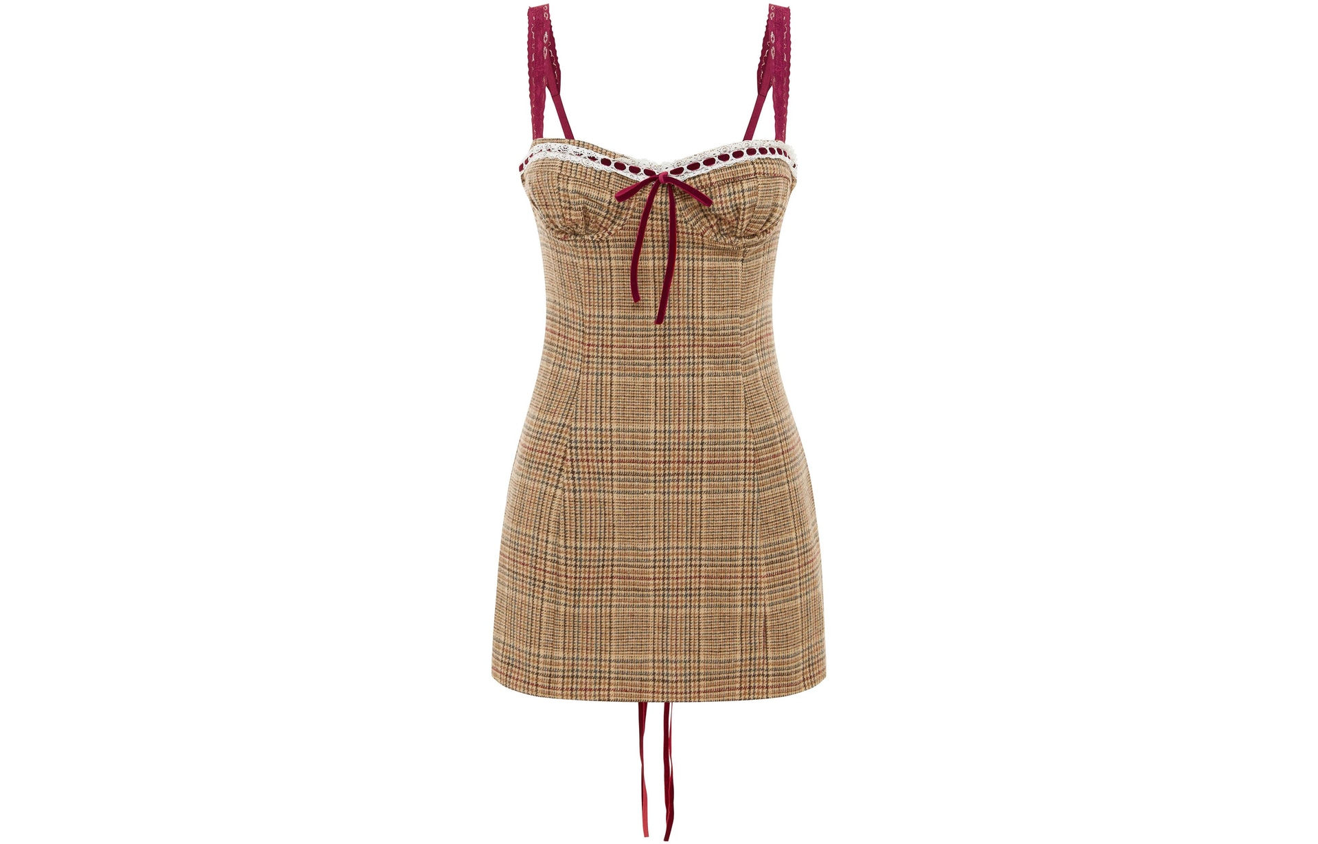 With Jean FW23 Lace Detail Plaid Mini Dress Brown