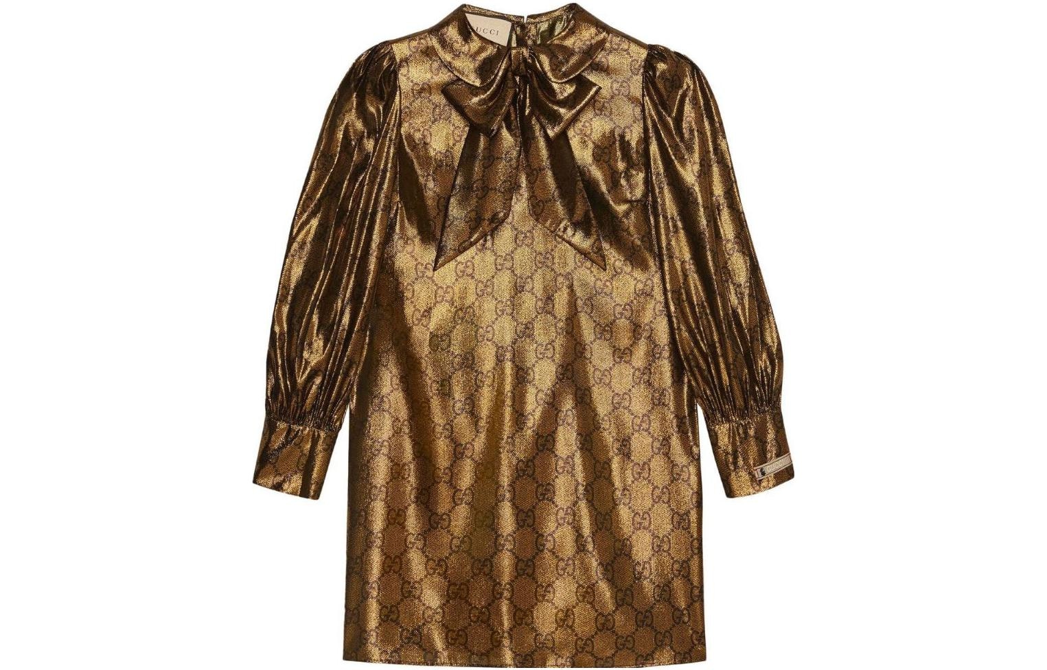 Gucci SS23 Logo Print Long Sleeve Dress Gold