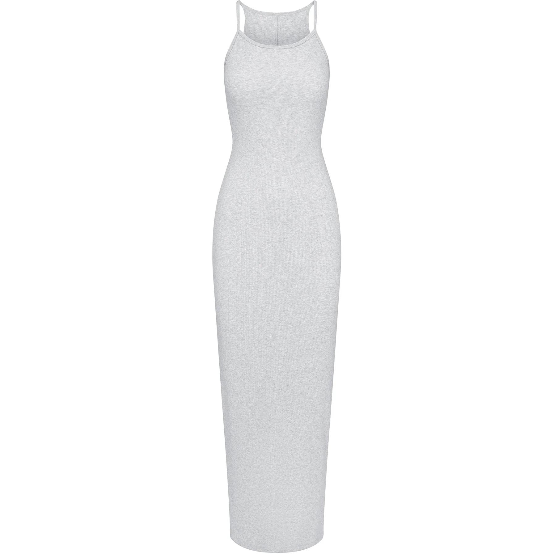 Skims Cotton Rib Long Cami Dress Light Heather Grey