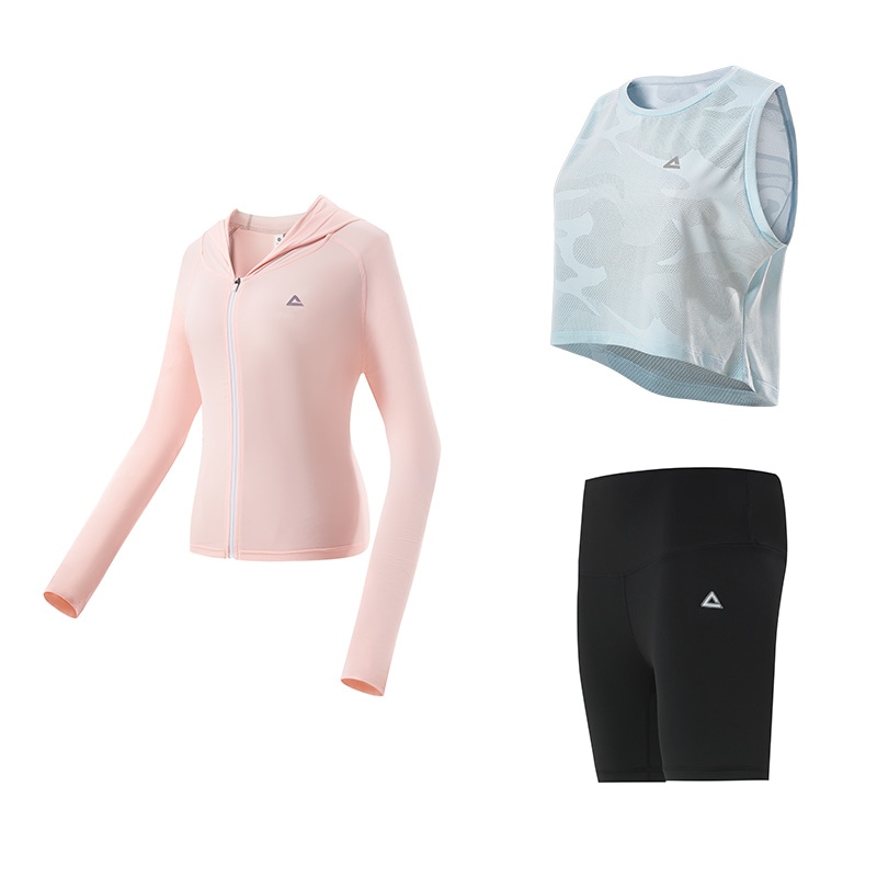 匹克 瑜伽服健身运动服套装 浅蓝背心三分打底裤三件套 女款