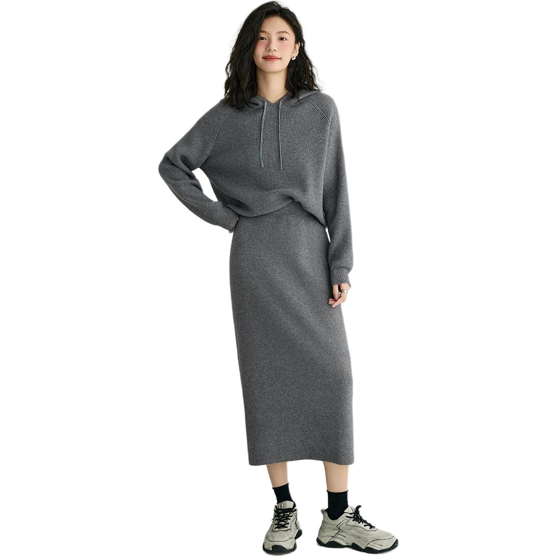 【dme】 连帽休闲长袖上衣针织衫纯色简约长裙裙装套装 女款 深灰色