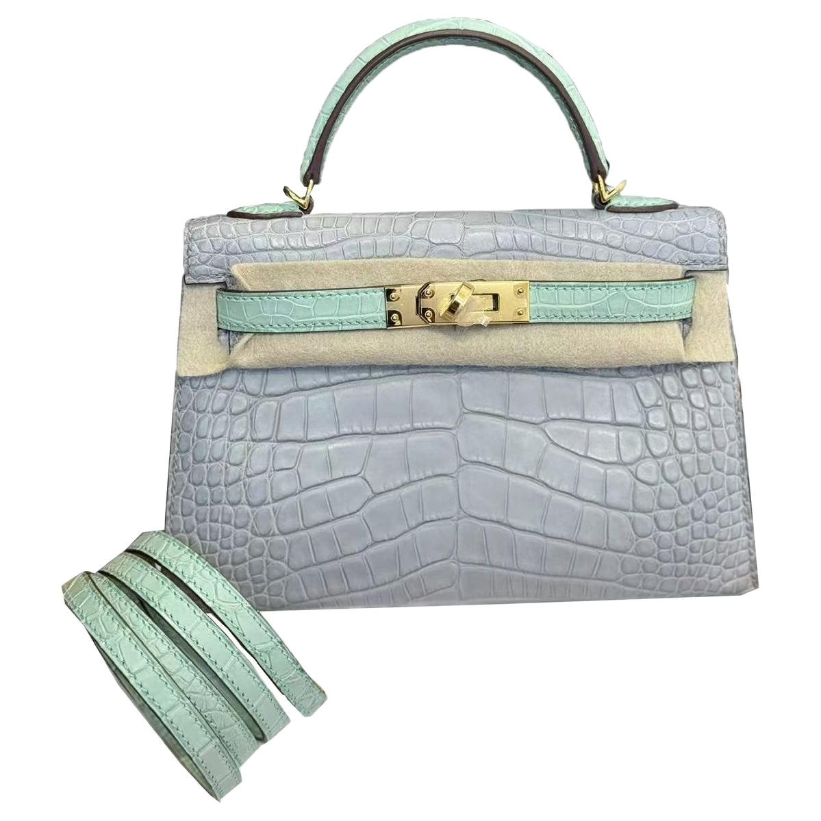 Сумки HERMES/爱马仕 Hermes Mini Kelly 2 Gold Buckle Matte Crocodile Pearl Gray Mint Green