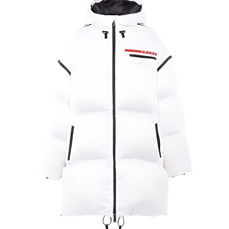 Prada Oversized Long Nylon Colorblock Hooded Down Coat White