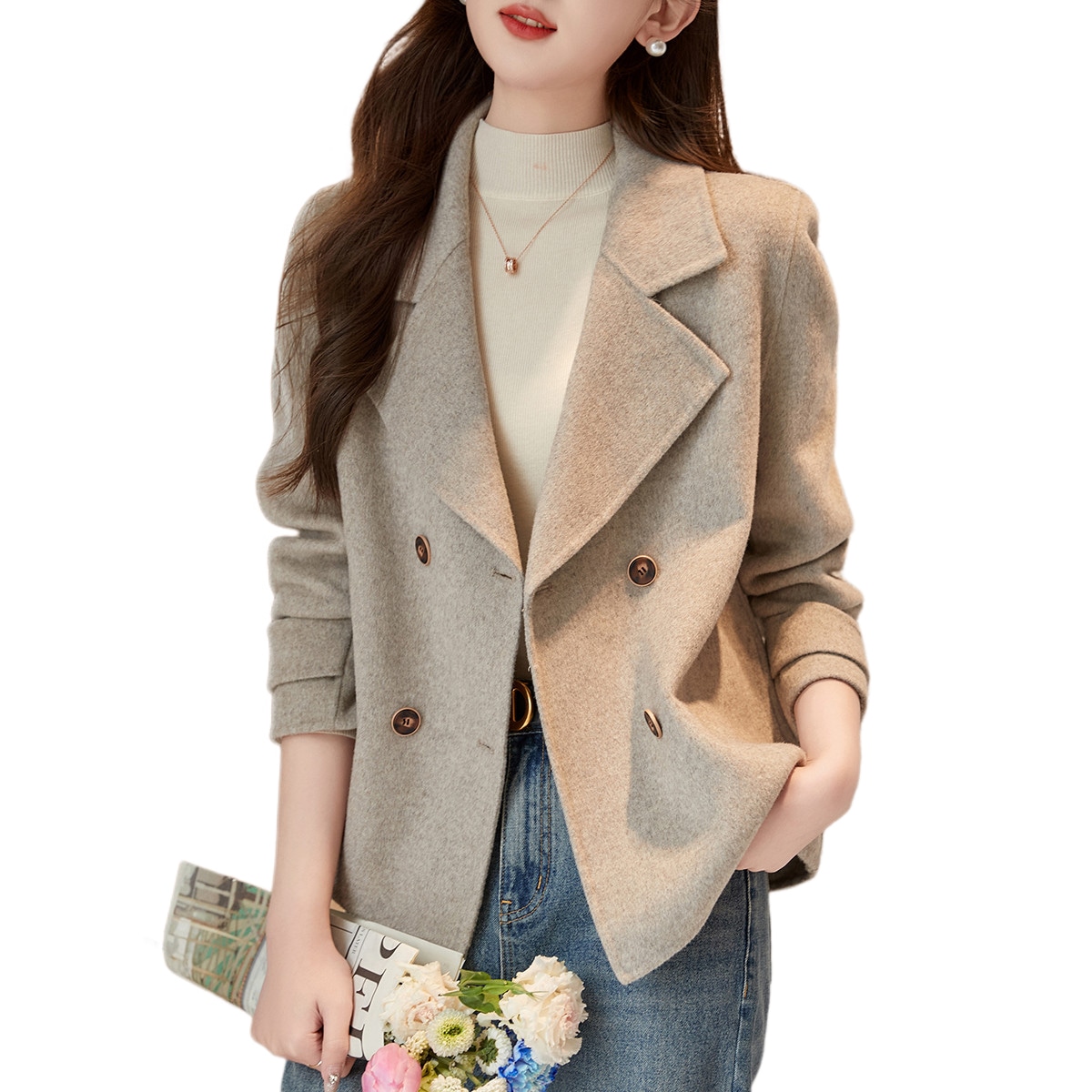 Dme 【dme】 纯色西装领双排扣短款长袖大衣 女款 慕斯杏 — фото 1