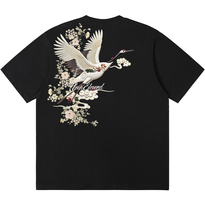K411 Crane Embroidery T-Shirt
