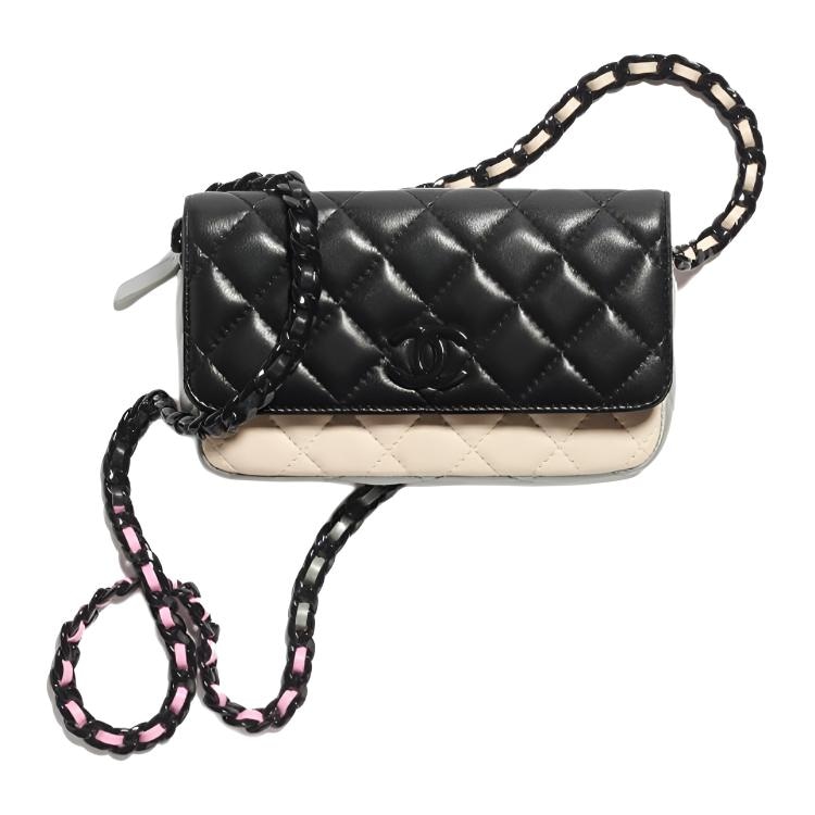 CHANEL Quilted Chain Lambskin Flap Bag Black Beige