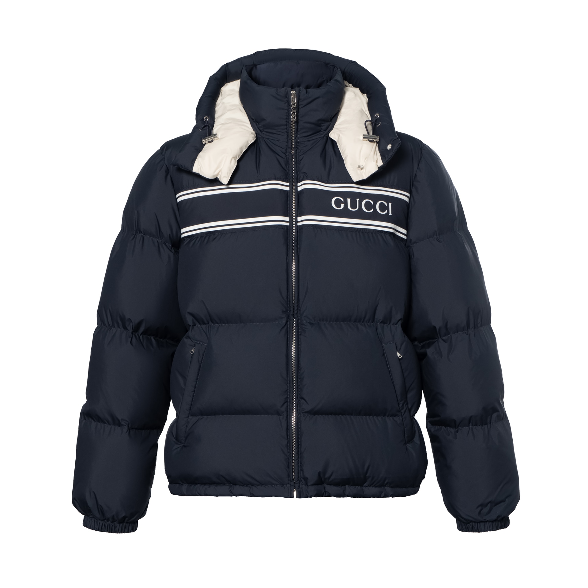 Gucci FW24 Striped Print Detachable Hood Down Jacket Navy Blue