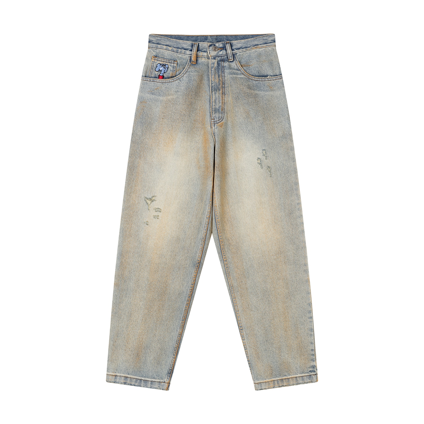 MIND ERROR Washed Elephant Embroidery Jeans