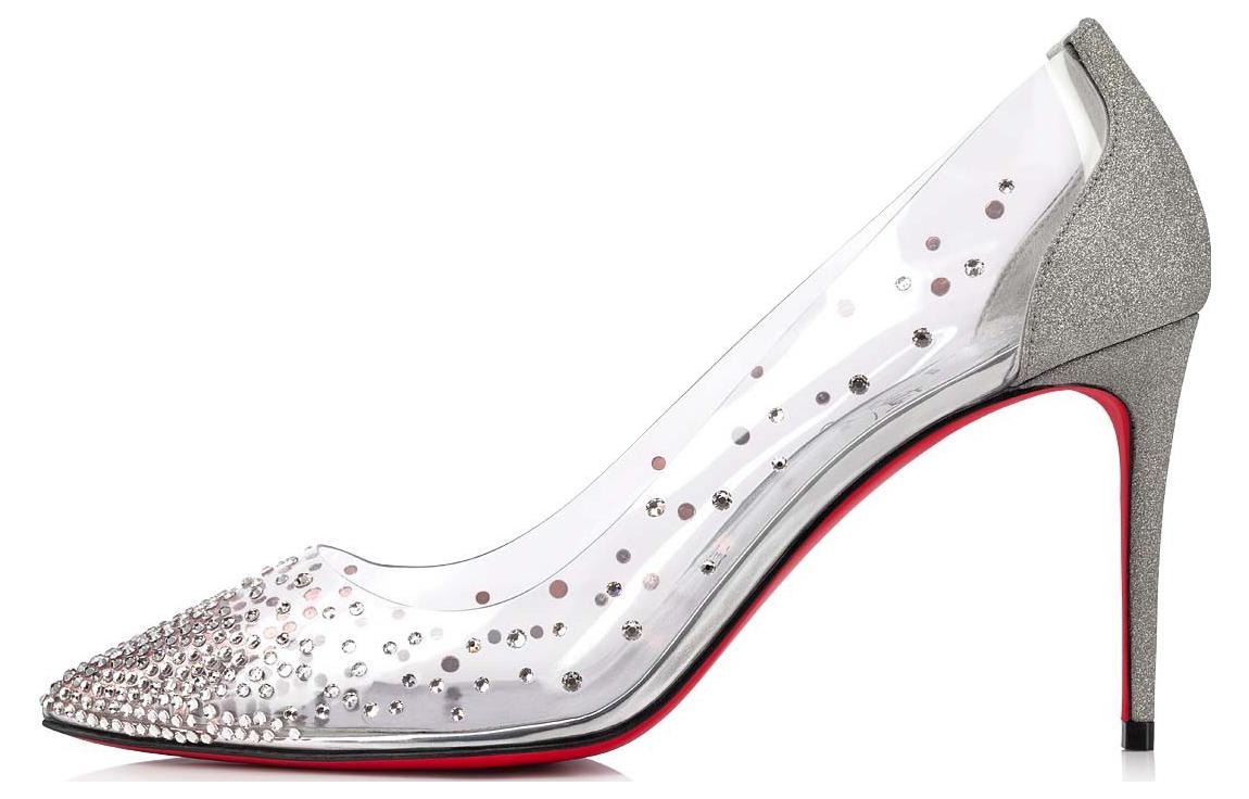 Christian Louboutin CL Platinum PVC Pointed Toe Rhinestone Stiletto Silver
