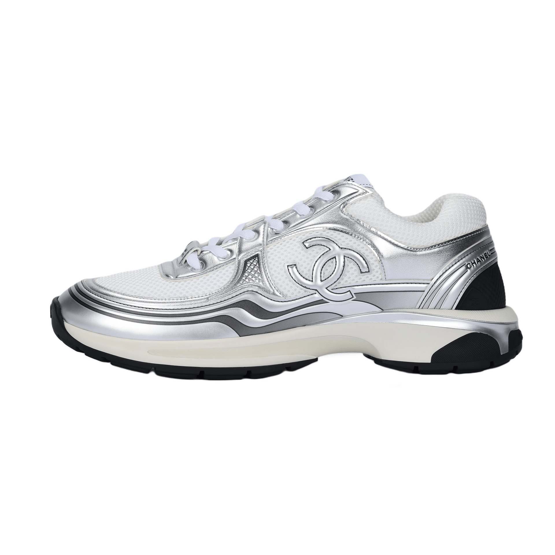 CHANEL Silver Logo Low Sneakers